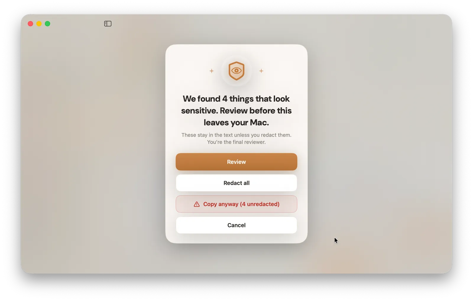 Lembic's export warning reading 'We found 4 things that look sensitive. Review before this leaves your Mac.' with Review, Redact all, Copy anyway, and Cancel buttons