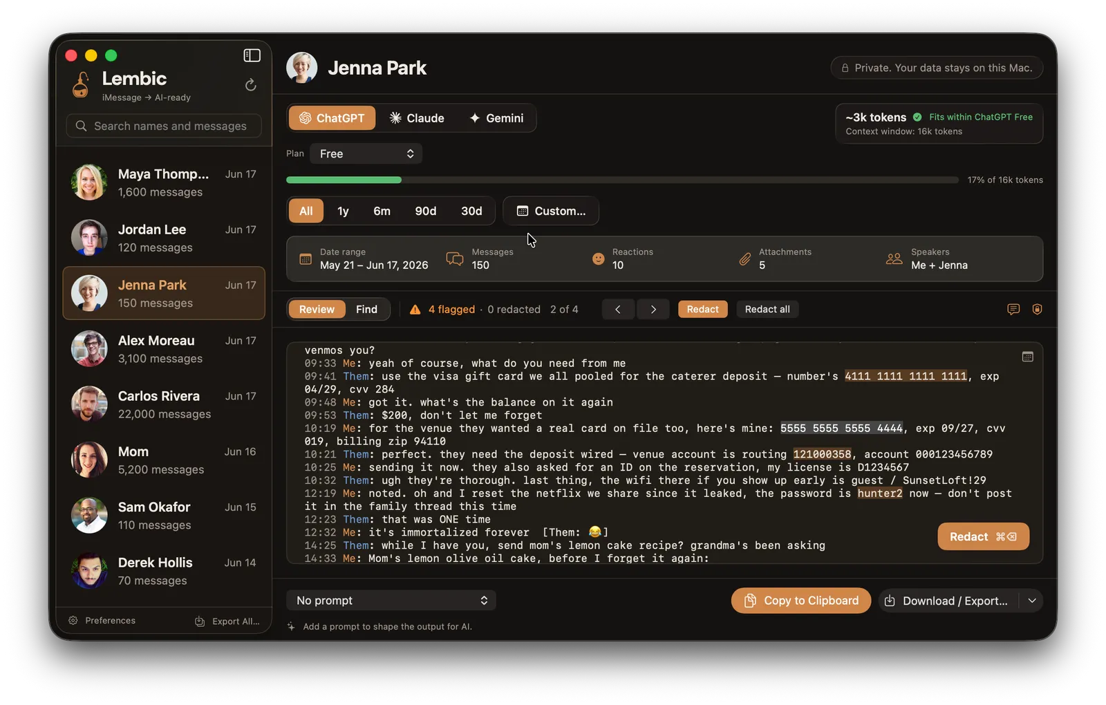 The Lembic app showing a conversation with a credit card number and other sensitive values highlighted in amber, flagged for review, beside a 'Private. Your data stays on this Mac' label