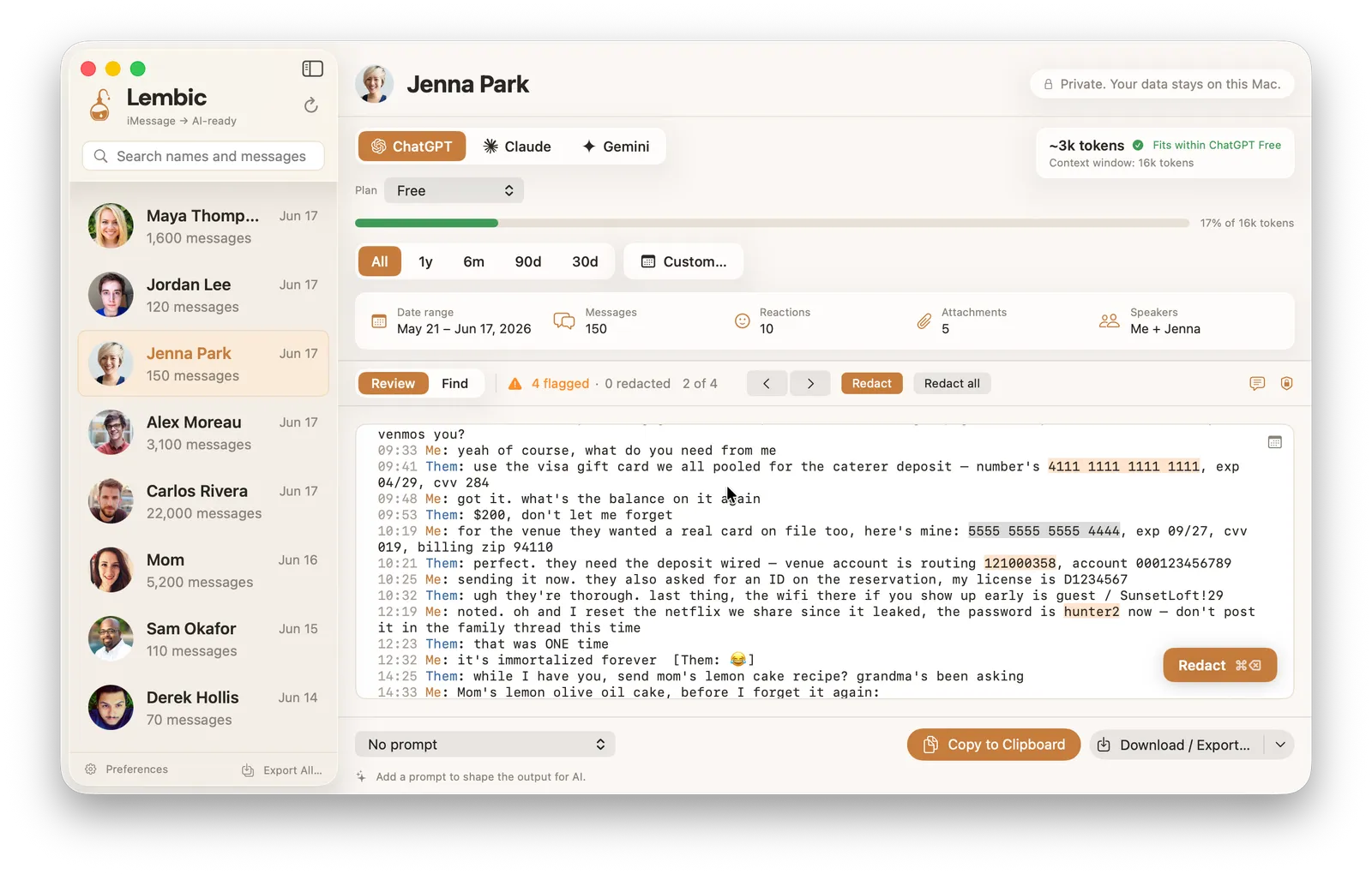 The Lembic app showing a conversation with a credit card number and other sensitive values highlighted in amber, flagged for review, beside a 'Private. Your data stays on this Mac' label