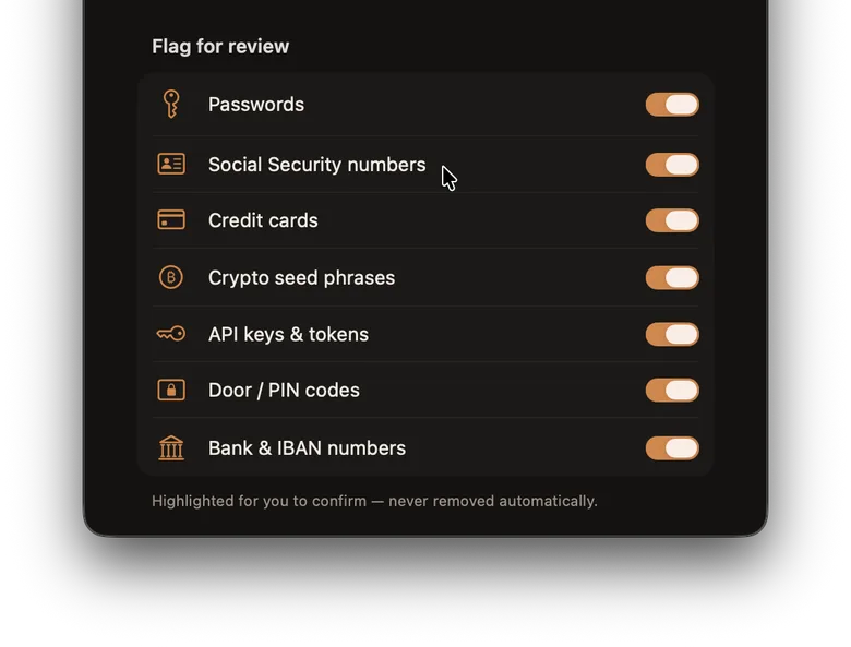 Lembic's Flag for review settings with passwords, Social Security numbers, credit cards, crypto seed phrases, API keys, door and PIN codes, and bank numbers all switched on