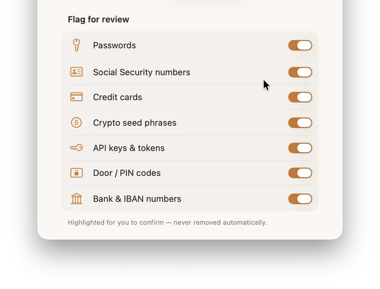 Lembic's Flag for review settings with passwords, Social Security numbers, credit cards, crypto seed phrases, API keys, door and PIN codes, and bank numbers all switched on
