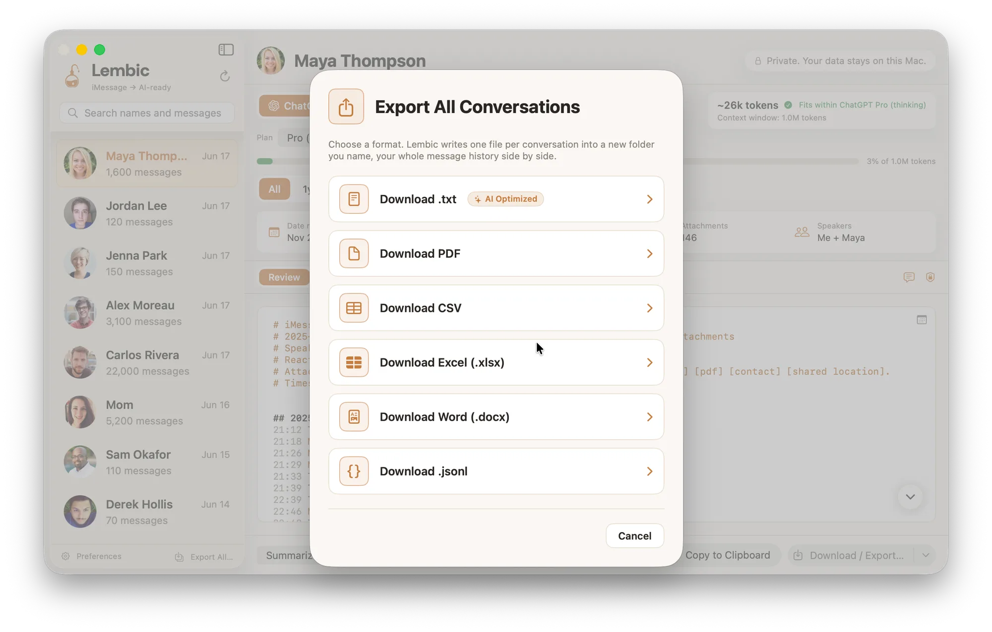 Lembic's export dialog on macOS, offering plain text, PDF, CSV, Excel, Word, and JSONL formats