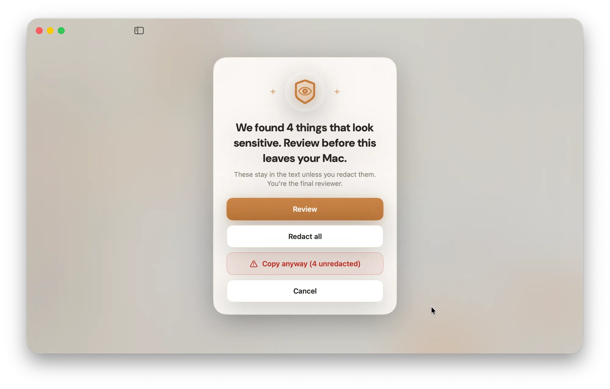 Lembic asking you to review sensitive details before an export leaves your Mac
