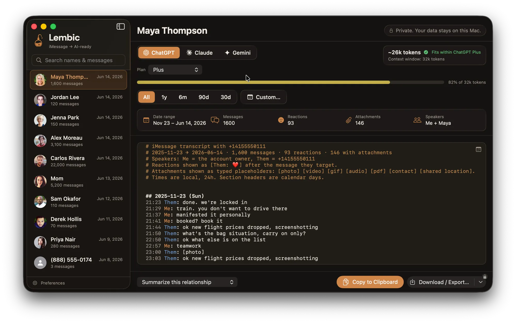 Lembic on macOS turning an iMessage conversation into a clean, AI-ready transcript