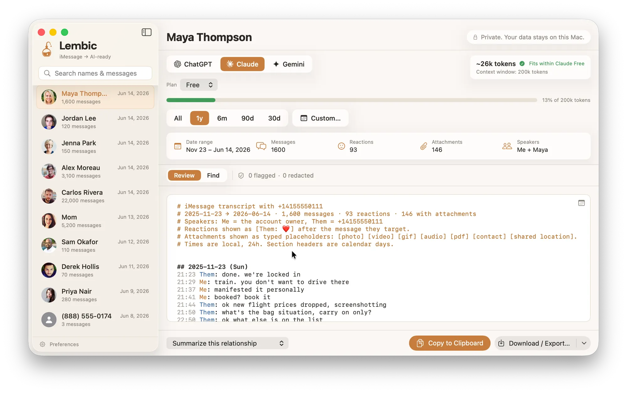 Lembic on macOS turning an iMessage conversation into a clean, AI-ready transcript